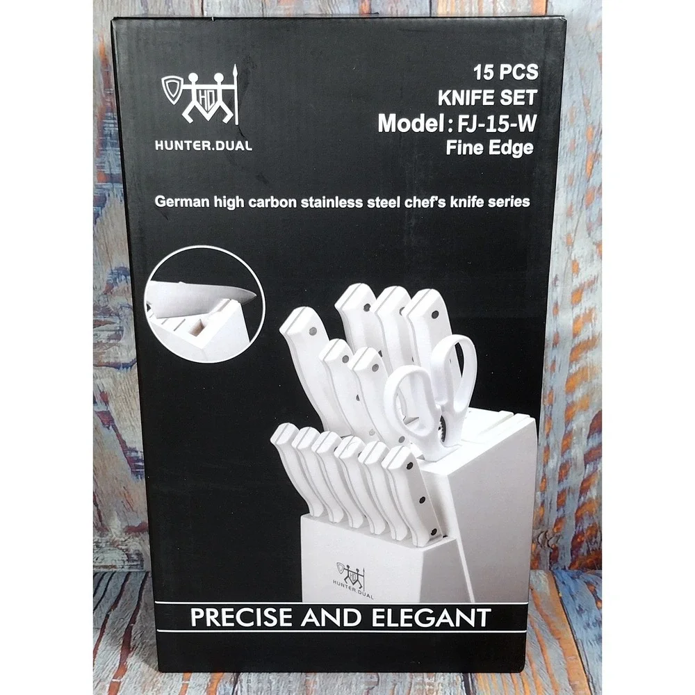 Hunter Dual 15 Piece Knife Set FJ-15-W German‎ High Carbon Steel White Block NEW